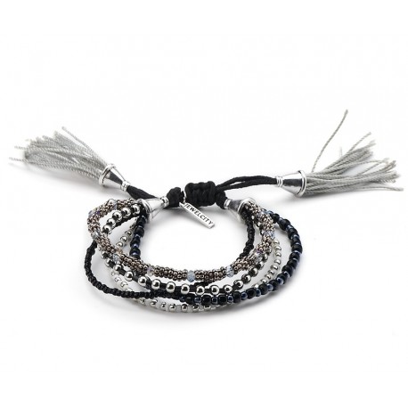 Bracelet fantaisie perles noires, blanches et argentées